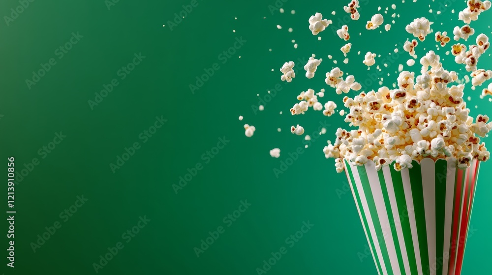 Poster green background with a popcorn container in the foreground. the popcorn is popping out of the conta