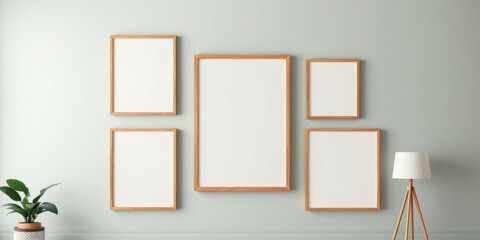 Gallery Wall Mockup Four Empty Frames and a Tripod Lamp on a Calm Green Wall