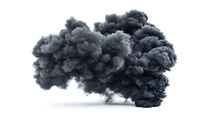 Dark black smoke cloud rising up isolated on white background
