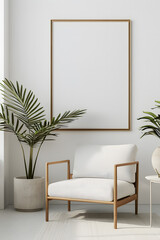 Mockup frame displayed in a modern interior, bright white room featuring contemporary furniture, sleek lines, minimalist design. generative ai.