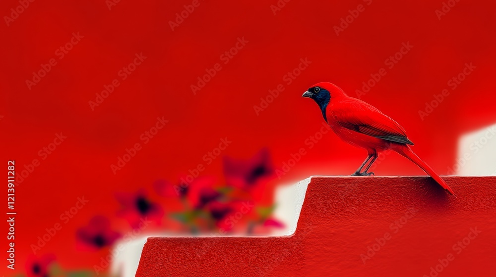 Poster red bird is perched on a red step. the image has a warm and inviting mood, with the bright red color