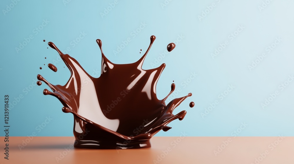 Poster chocolate splash is splashing on a table. the splash is large and has a lot of chocolate on it. scen