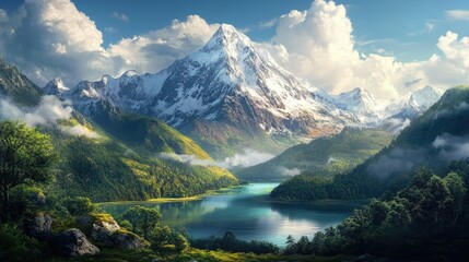 Beautiful mountains with snowy peaks and green forests
