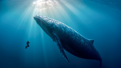 Fototapeta premium A solitary diver swimming alongside a blue whale in the depths of the ocean.