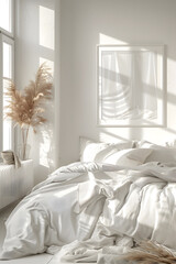 Mockup poster frame elegantly displayed in a white luxury bedroom interior. generative ai.