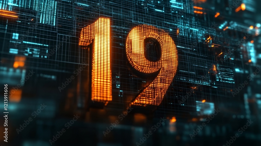 Poster Glowing Digital Number 19 on a Futuristic Technology Background with Circuitry and Data Streams