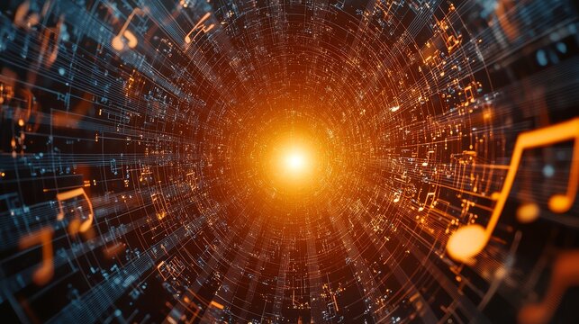 Abstract musical notes in futuristic digital space with motion blur, blue and orange colors, cinematic feel, high resolution.