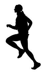 A silhouette of a female runner mid-stride, wearing athletic clothing and sneakers, against a plain white background