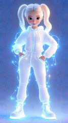 a girl wearing white with glowing particles