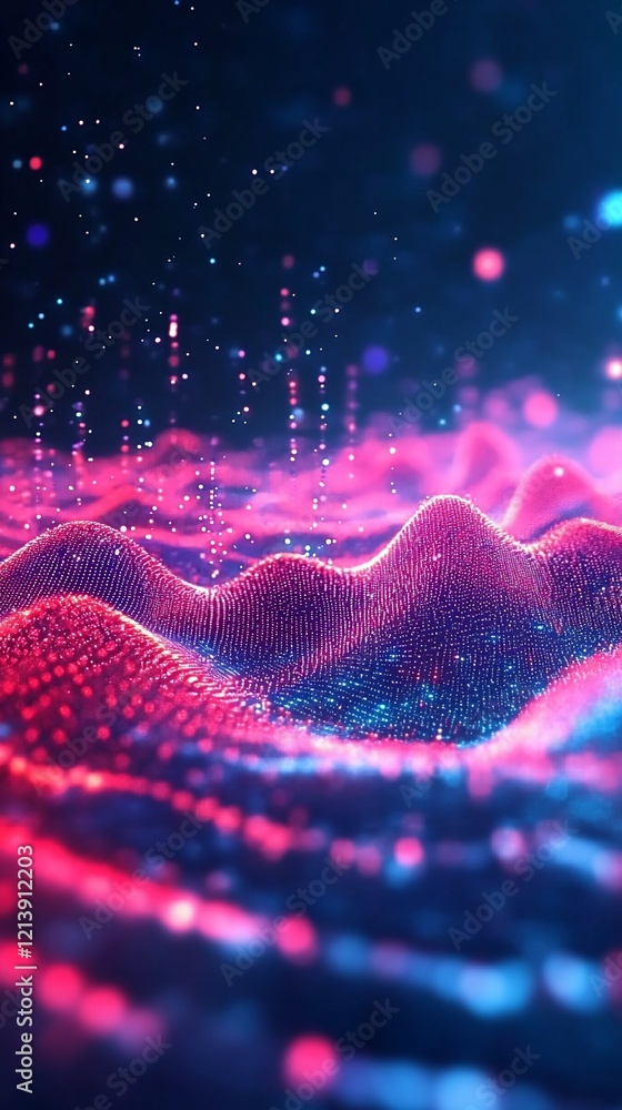 Poster abstract glowing digital waves with particles and bokeh effect creating a dynamic background