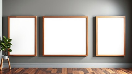 Three empty picture frames on a gray wall above a wooden floor