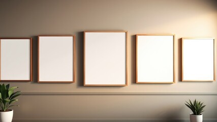 Empty wooden picture frames on a wall mockup