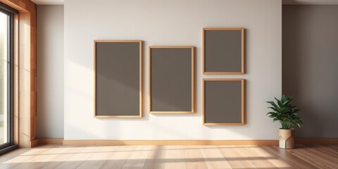 Fototapeta premium Modern minimalist interior featuring four empty frames on a light wall, sunlit hardwood floor, and a potted plant