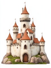 Fototapeta premium Majestic Fairytale Castle with Multiple Towers and Reddish-Brown Roofs on a Grassy Hill