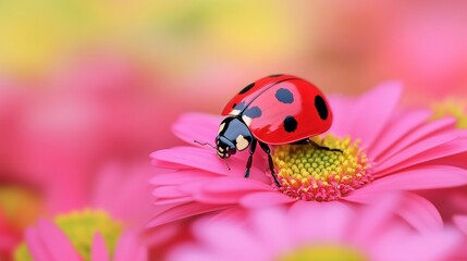 Fototapeta premium Ladybug is sitting on a pink flower. The flower is surrounded by other pink flowers. The ladybug is the main focus of the image