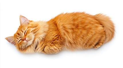 Peaceful Ginger Cat Napping on White Background, Adorable Fluffy Pet Sleeping Serene Studio Shot