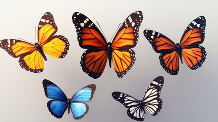 Collection of five butterflies in various colors, including blue, orange, and white. The butterflies are flying in different directions, creating a sense of movement and freedom