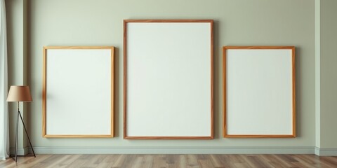 Three Blank Frames on a Pale Green Wall in a Modern Room