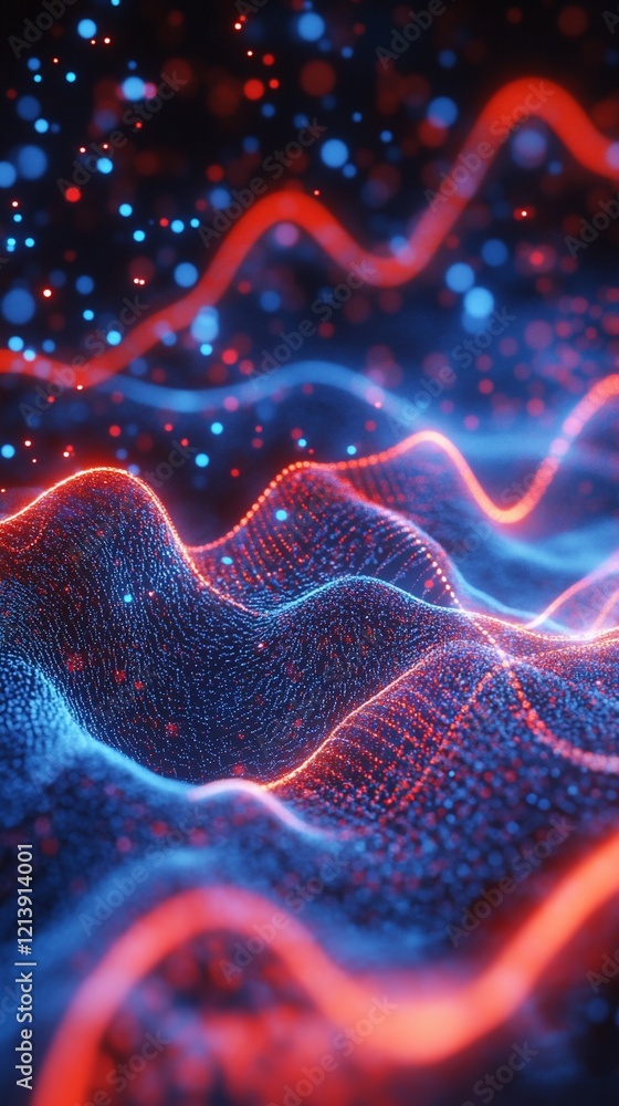 Poster abstract digital landscape with red and blue lights, waves, and particle effects creating a dynamic 