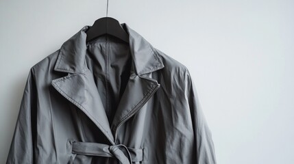 Grey coat, hanging, minimalist background, studio, fashion