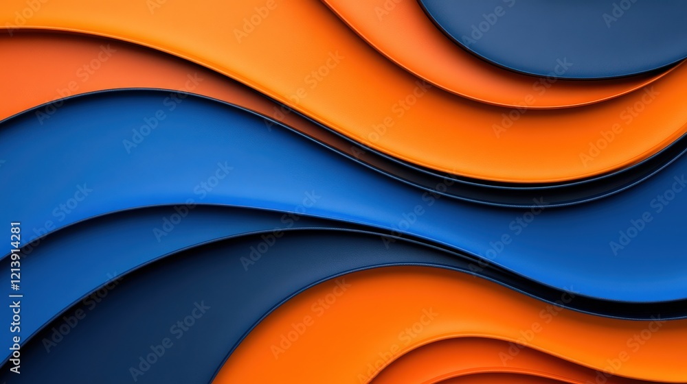 Poster abstract wave pattern: soothing blend of deep blues and vibrant oranges creating a dynamic, flowing 