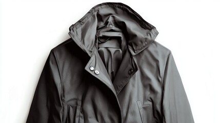 Black raincoat, studio shot, white background, apparel catalog
