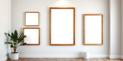 Empty wooden picture frames on a wall with plant