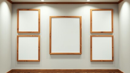 Empty wooden frames on a pale wall in a gallery setting, ideal for art display or mockup.