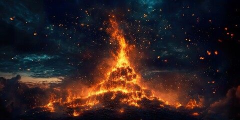 Naklejka premium Holika Dahan Bonfire Flickering Embers Against Night Sky