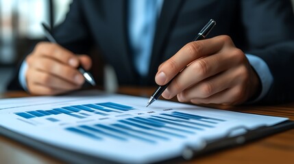 Close-up of businessman reviewing financial charts.