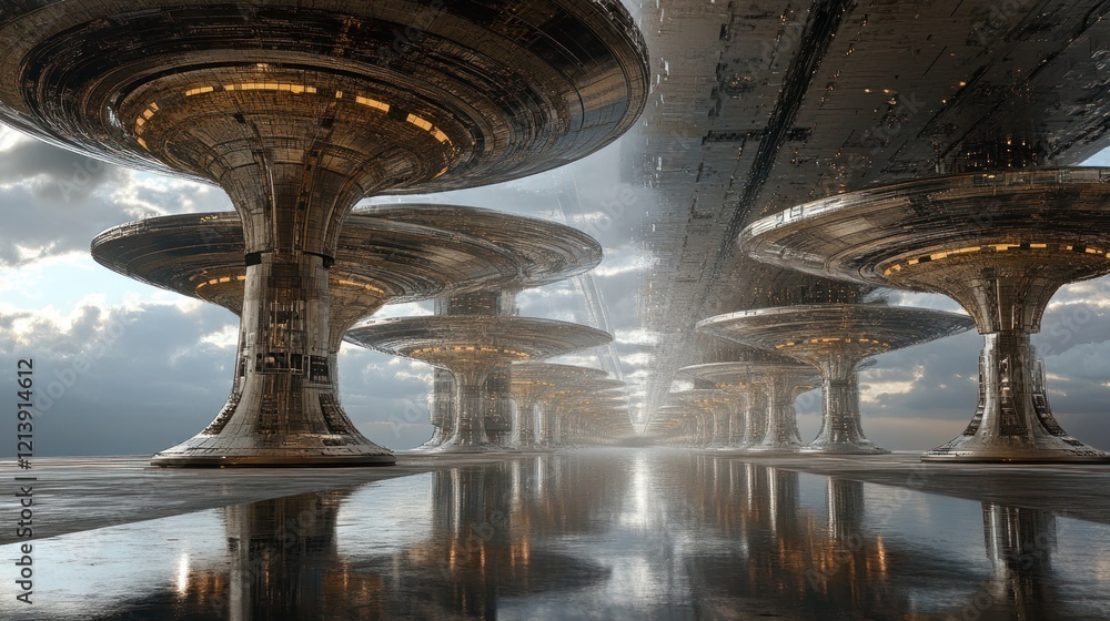 Poster futuristic cityscape under cloudy skies a row of metallic structures
