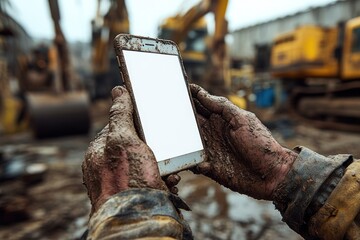 Worker with muddy hands holding blank smartphone outdoors