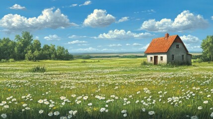Lonely Cottage in a Summer Daisy Field