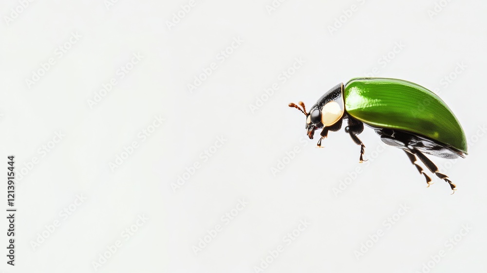 Aufkleber green bug is flying in the air. the bug is small and has a black head. the bug is in the air and he 