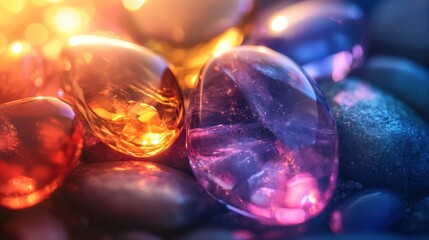 A smooth, colorful gemstones, shining under bright light, showing their polished surface