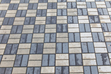 A gray and white brick patterned sidewalk