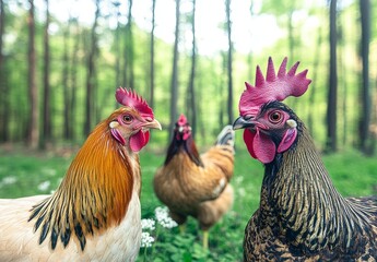 Fototapeta premium Close-up portrait of a rooster and hen on a farm, pecking for food on green grass, poultry for meat and egg products.