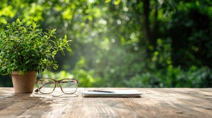 Fototapeta premium Eyeglasses, a notebook with a pen, and a small potted plant sit on a wooden table against a blurry green forest background in bright daylight.