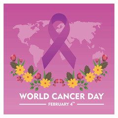 Purple Ribbon and Flowers for World Cancer Day February 4th Awareness.