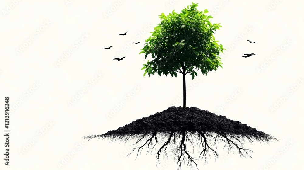Poster tree with its roots visible in the dirt. the tree is surrounded by birds. concept of growth and life