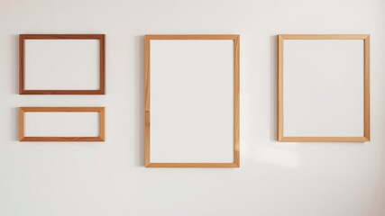 Empty wooden picture frames on a white wall, ready for your artwork or photographs