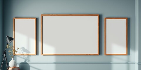 Modern Minimalist Home Decor Three Empty Wooden Frames on a Pale Blue Wall