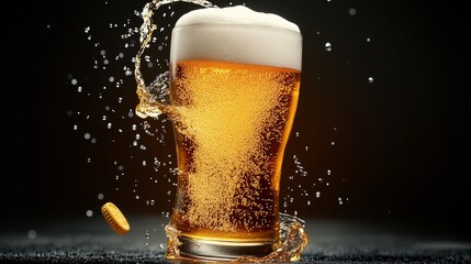 Glass of beer with a coin in it. The beer is foamy and the glass is half full