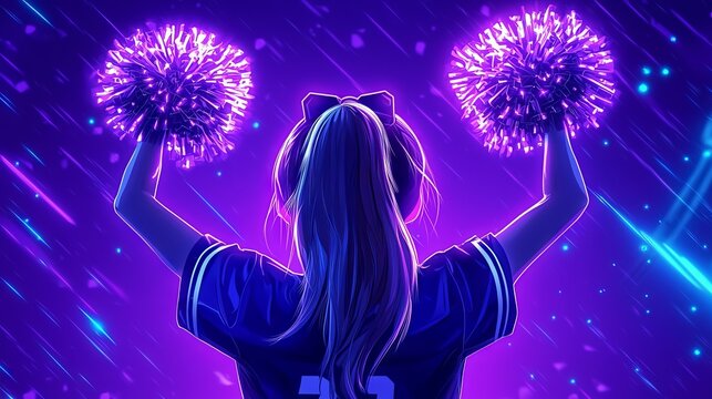 A vibrant image of a cheerleader with pom-poms, set against a dazzling purple background, radiating energy and excitement.