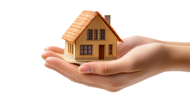 model of house on his palms hand concept of mortgage lending real estate insurance construction design