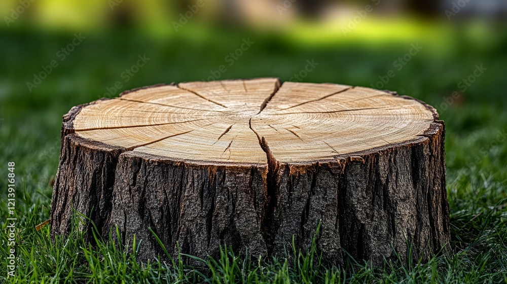 Poster large tree stump sits in a grassy field. the stump is large and has a lot of bark on it. the stump i