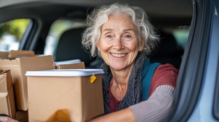 Volunteers stacking meal containers in their car, preparing to deliver to seniors in need