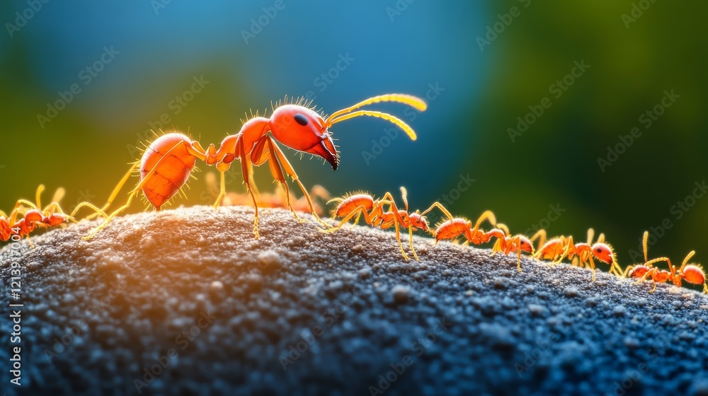 Poster group of red ants are standing on a rock. concept of unity and teamwork among the ants as they work 