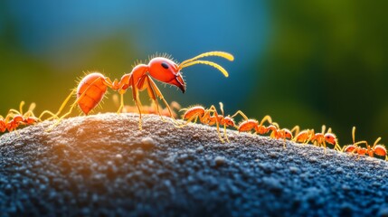 Group of red ants are standing on a rock. Concept of unity and teamwork among the ants as they work together