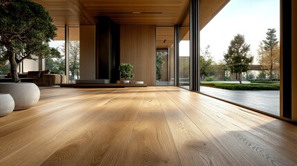 Modern home interior, oak floor, garden view, luxury design